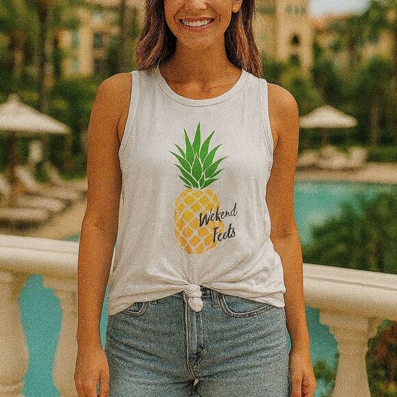 White Sleeveless Tank Top Pineapple XL Tie Front Casual Soft Beachy - Picture 1 of 6